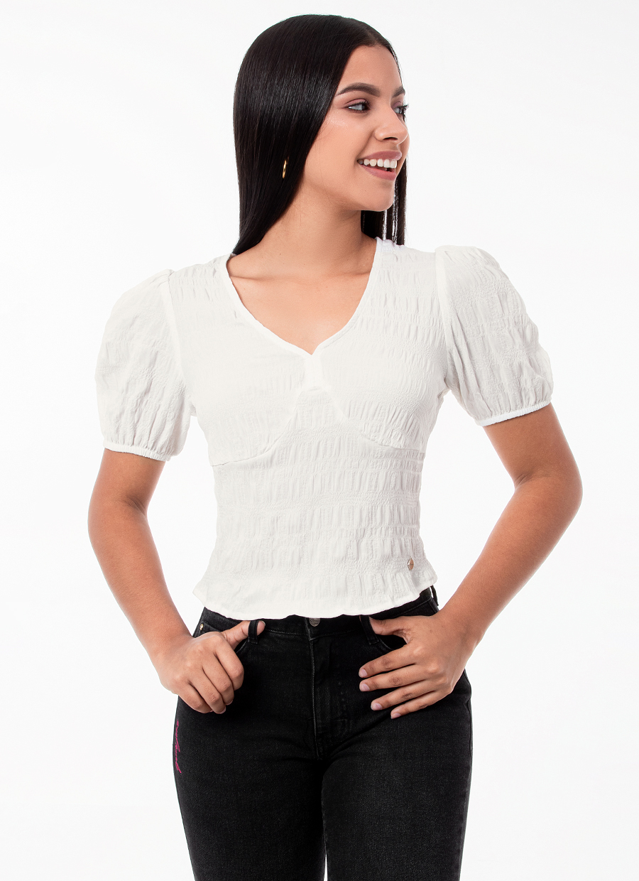 Blusa Seda Corrugada M C Fiorex Ivory Goccos